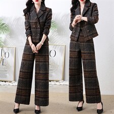 毛呢时尚套装女2024年冬装新款两件套阔腿裤韩版修身气质西装外套，女装套装/套裙，罗得堡