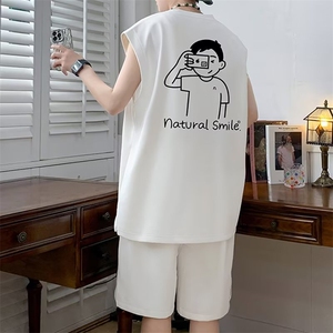 无袖t恤男夏季休闲运动套装男背心一套搭配帅气衣服篮球服两件套图片