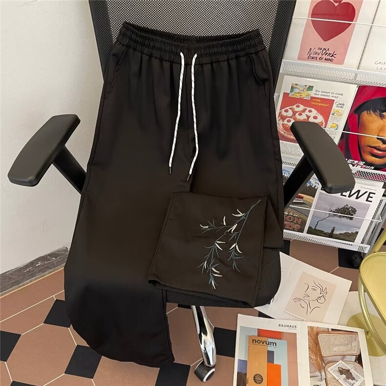 新中式男装刺绣冰丝裤子男女夏季风西裤垂坠感高级感直筒休闲裤,男装休闲裤,星座601-2