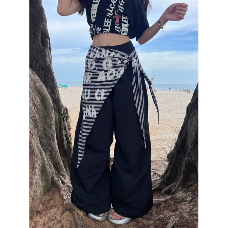 美式复古屁帘绑带叠穿褶皱伞兵裤男女设计感宽松阔腿裤 K5317图片