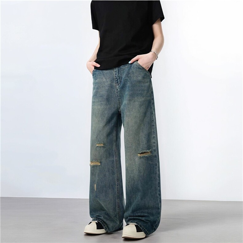 NK2025-P55美式直筒宽松破洞牛仔裤男潮牌痞帅炸街阔腿休闲裤子，男装牛仔裤，电商A306-2
