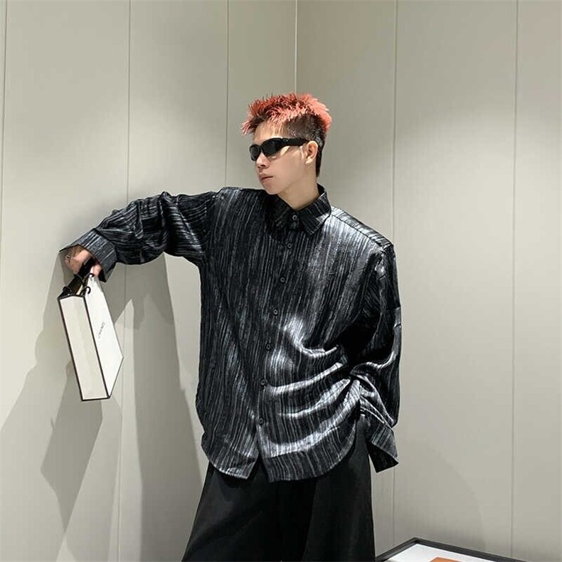2025春潮牌设计感衬衫男士翻领条纹时尚简约痞帅宽松黑色衬衣外套,男装衬衫,星座506A