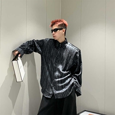 2025春潮牌设计感衬衫男士翻领条纹时尚简约痞帅宽松黑色衬衣外套，男装衬衫，星座506A