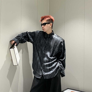 2025春潮牌设计感衬衫男士翻领条纹时尚简约痞帅宽松黑色衬衣外套图片
