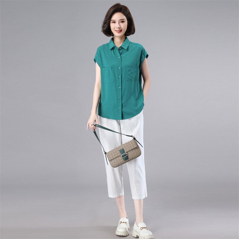 时尚套装女2023夏季新款天丝上衣休闲裤搭配一整套中年妈妈两件套,女装套装/套裙,奕阳依阁