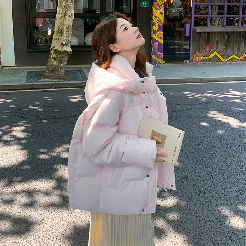 新款桃粉色短款羽绒服女2025年新款韩版小个子宽松加厚白鸭绒图片