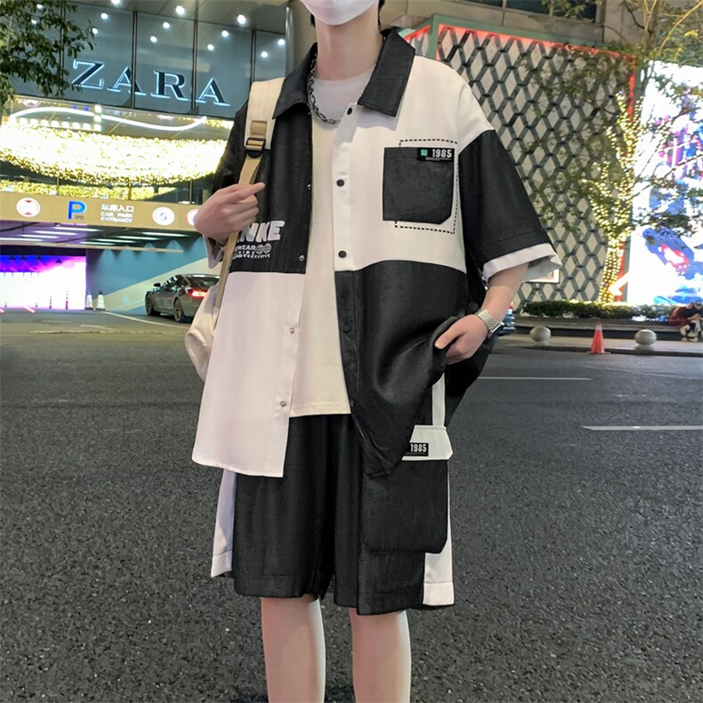 港风夏潮流印花拼接开衫宽松短袖衬衣短裤帅气套装A436-D217-P60,男装休闲套装,电商A436