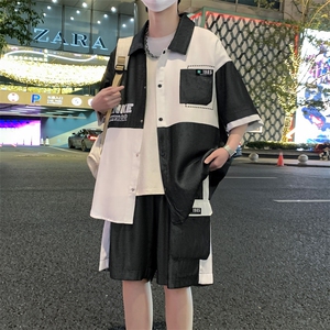 港风夏潮流印花拼接开衫宽松短袖衬衣短裤帅气套装A436-D217-P60