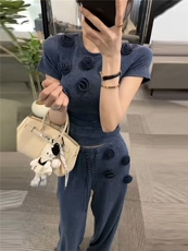 盐系高级感时尚气质套装女春新款圆领立体花朵上衣阔腿长裤两件套，女装套装/套裙，江南