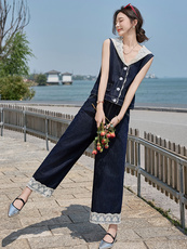 蓝色小香风蕾丝拼接薄款牛仔马甲套装女夏新款休闲九分裤两件套，女装套装/套裙，时尚风爆