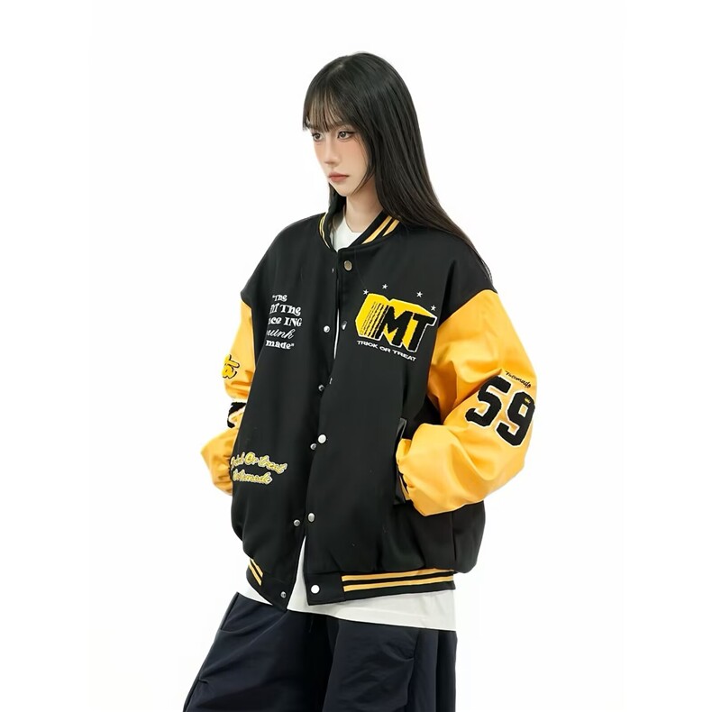 美式复古撞色棒球服外套男女宽松2026春秋情侣潮牌皮袖夹克,男装夹克,星座715-4