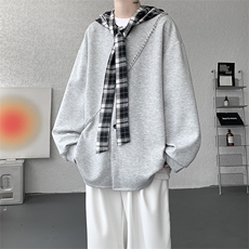WY10143-特p49控88设计感高质感大帽子连帽格子撞色大码卫衣男，男装卫衣，电商A059