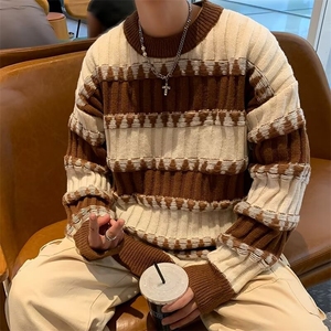 条纹拼色毛衣秋冬季宽松慵懒高级感针织衫上衣青少年男生帅气毛衣图片