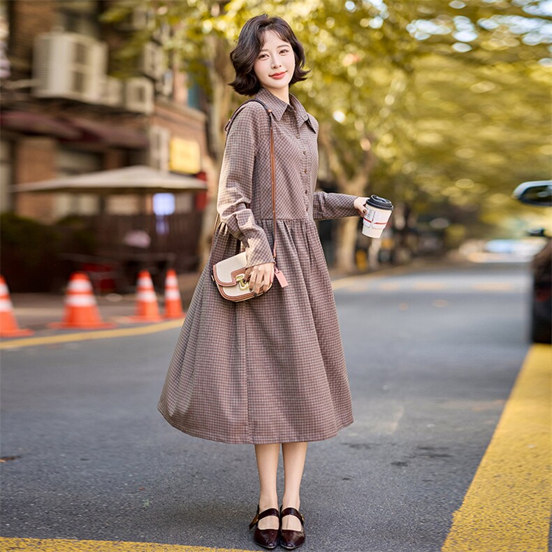 格纹衬衫连衣裙女2025春季新款宽松显瘦气质名媛收腰长裙,商品下架区,水衣源