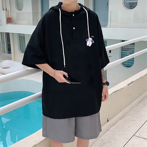 LD54167-P45 连帽短袖t恤男大码胖子带帽五分袖中袖图片