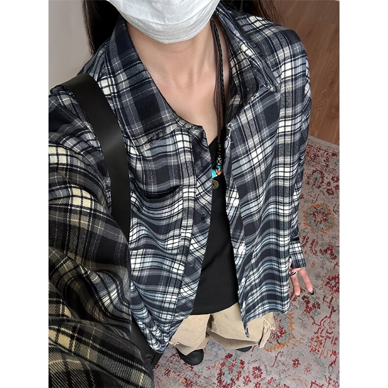 藏青色格子衬衫美式复古高级感长袖衬衣男生ootd穿搭春秋休闲外套图片