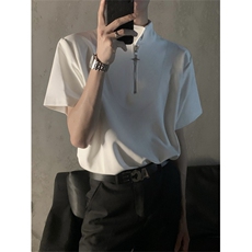 网络图现货！小众设计高级感品质垫肩金属拉链立领短袖JT143-P40，男装T恤，星座715-7