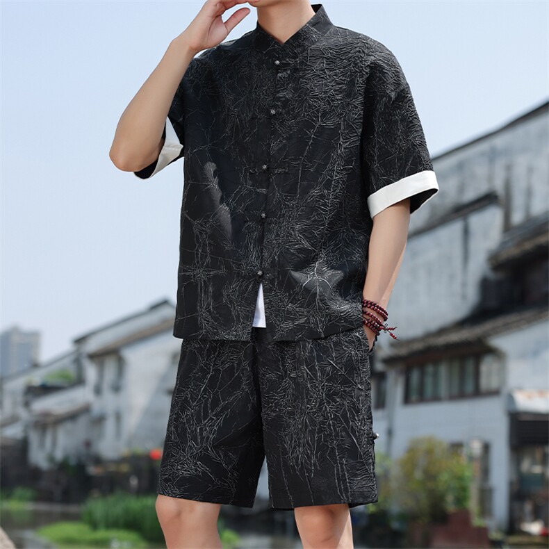 2025夏季新款风男装新中式盘扣肌理感套装短袖+短裤A98-P105,男装休闲套装,电商B277(原6028)