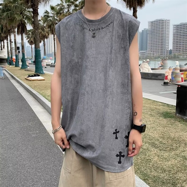 美式圈圈十字架短袖T恤男女流行免烫街头圆领无袖上衣，男装背心/马甲，星座716-2