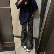 美式复古重磅水洗拉链微喇扎染牛仔裤男高街vibe直筒宽松休闲长裤，男装牛仔裤，星座601-1