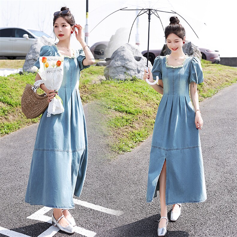 牛仔连衣裙女夏季新款韩系过膝长裙收腰显瘦开叉设计感泡泡袖裙子,女装连衣裙,韩蜜菓