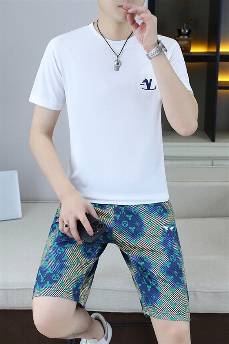 25366-P65夏季休闲T恤短裤男两件套欧货潮牌修身圆领短袖T恤套装,男装休闲套装,电商D310B-1