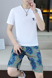 25366-P65夏季休闲T恤短裤男两件套 欧货潮牌修身圆领短袖T恤套装图片