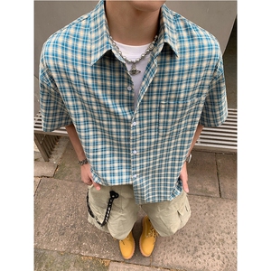 美式复古格子衬衫夏季百搭潮流男士衬衣潮流情侣装百搭短袖 P38图片