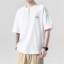 2021夏季新款日系大码男棉老鼠刺绣麻短袖亚麻风T恤T193-P30，男装T恤，电商A001