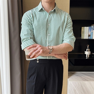 夏季男士七分袖条纹衬衫男休闲修身休闲衬衣A236-C665-P55图片
