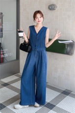 复古港风高级感休闲气质牛仔套装女夏季2025新款马甲阔腿裤两件套，女装套装/套裙，2C159