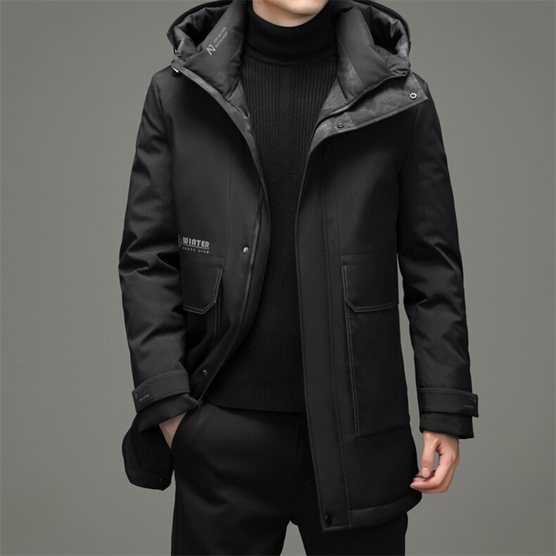2023冬季连帽羽绒服中年男中长款休闲灰鸭绒外套DFLDY1030-P290，男装羽绒服，电商B212（原钱塘6029）