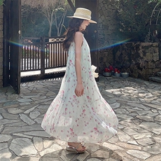 高级感海边度假扎染印花无袖露肩挂脖长裙女夏新款温柔茶歇连衣裙，女装连衣裙，浙宝305