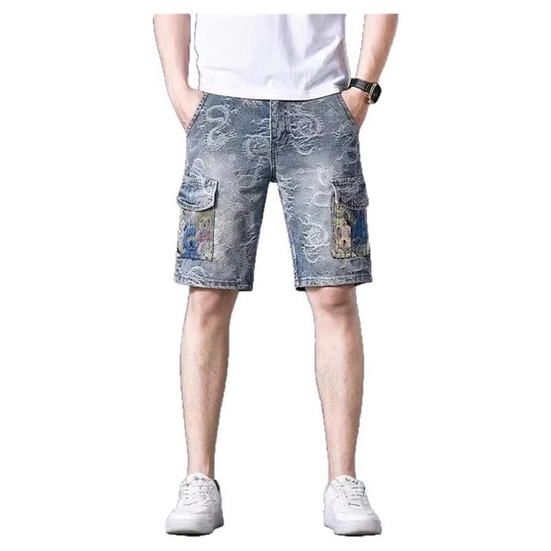 夏季美式重磅牛仔短裤男潮流印花宽松五分裤子潮牌男士短裤工装裤,男装牛仔裤,星座218-1（原230）