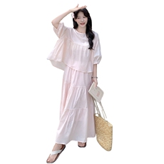 盐甜系穿搭粉色轻薄防晒上衣套装女夏新款学院风减龄半身裙两件套，女装套装/套裙，2C086