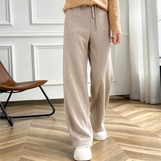 秋冬2024新款阔腿裤女高腰宽松垂感加绒针织休闲直筒拖地裤子，女装休闲裤，朝辰羊绒