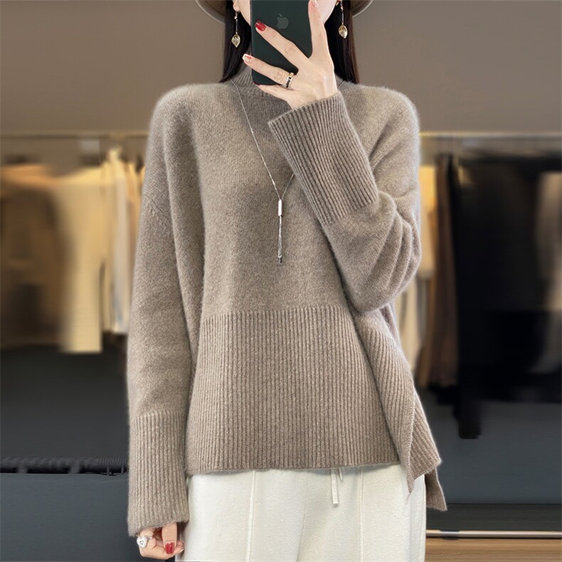 2024秋季新款大高翻开叉宽松羊毛套头衫休闲舒适,女装羊毛衫,美雪羊绒