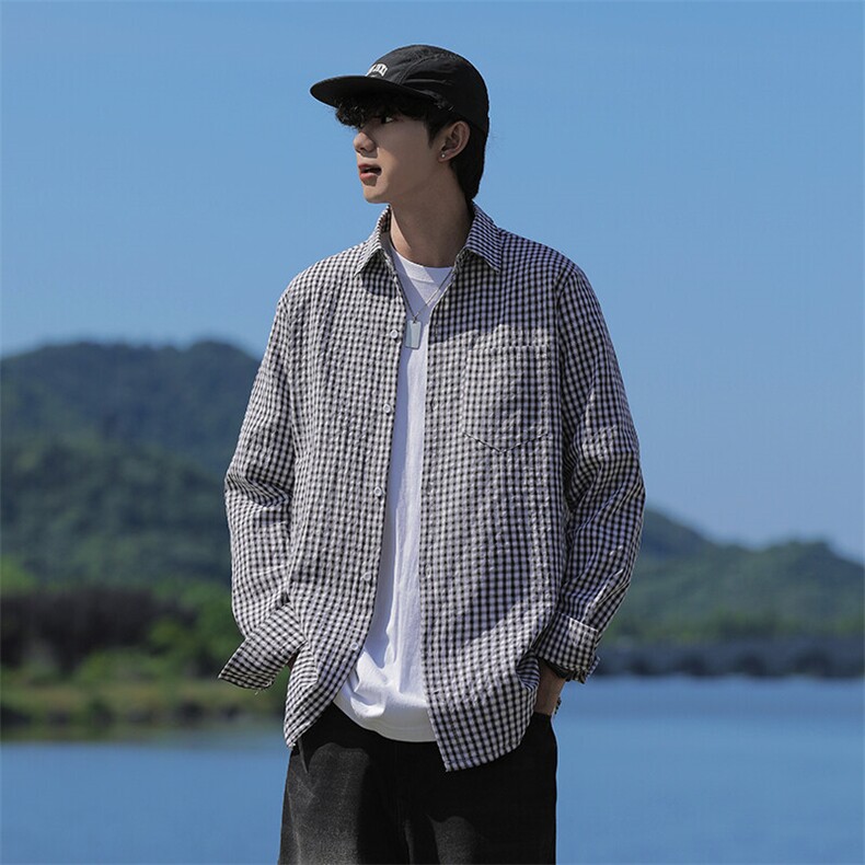 春装小格子长袖衬衫男宽松休闲大码衬衣 C507P35图片