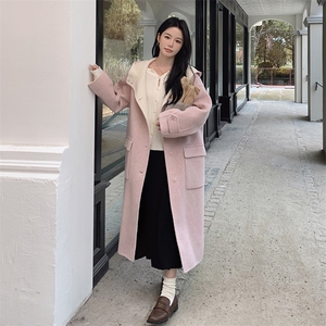 韩系甜美连帽双面羊毛大衣女2025秋冬季新款显瘦保暖长款呢子外套图片