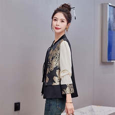 时尚女2025年早春新中式复古风印花外套洋气拼色T恤上衣，女装连衣裙，难舍钰依