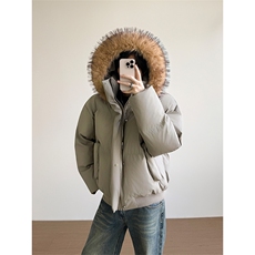 现货三防重磅硬挺boxy短款羽绒棉衣座山雕大毛毛领PU皮棉服外套冬，男装棉衣，电商A486-1
