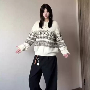 重磅秋冬装北极绒套头毛衣美式复古休闲慵懒风提花工艺针织衫外套图片