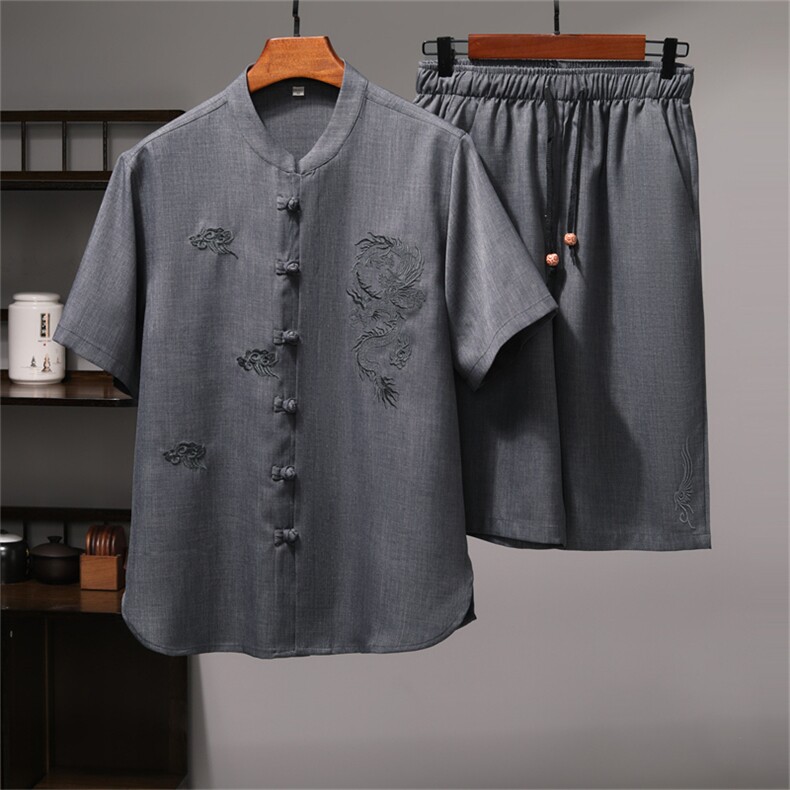 风短袖衬衫唐装短裤两件套男士夏中老年中式汉服MJ5101B-P87图片