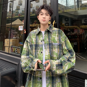 衬衫男秋季新款港风宽松扎染刺绣格子长袖衬衣CS3098-特P30无差价图片