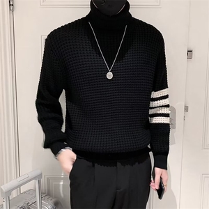 冬季男针织衫打底衫高领四条杠条纹修身套头百搭潮牌毛衣 MY558图片