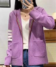 秋季新款女装连帽条纹长袖针织衫学院风宽松开衫毛衣外套，女装羊毛衫，隆格羊绒