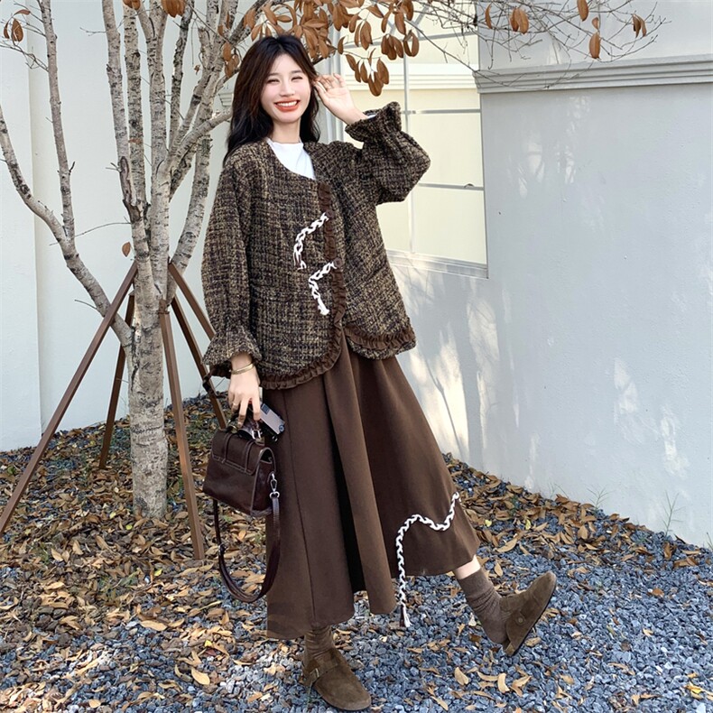 美拉德复古小香风套装裙女冬2025新款木耳边拼接外套半身裙两件套,女装套装/套裙,2C032