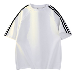 抖音得物高品质二开240克宽松纯棉美式潮牌三条杠织带短袖T恤图片