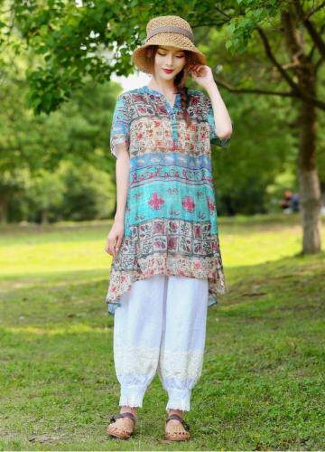 现货2021新款民族风文艺复古印花宽松舒适苎麻短袖中长，女装，美诗欧 Missorly