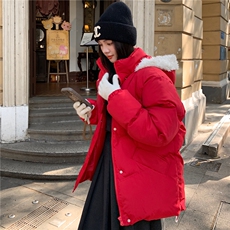 韩系红色连帽棉服女2025冬季新款小个子加厚棉衣学生面包服ins潮，女装棉衣/棉服，2C122